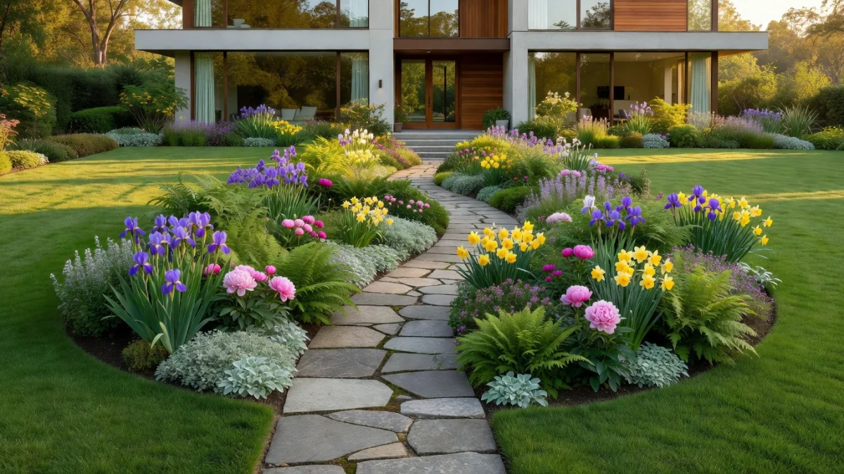 Abords de maison avec jardin aménagé, parterres fleuris et allée pavée devant une façade