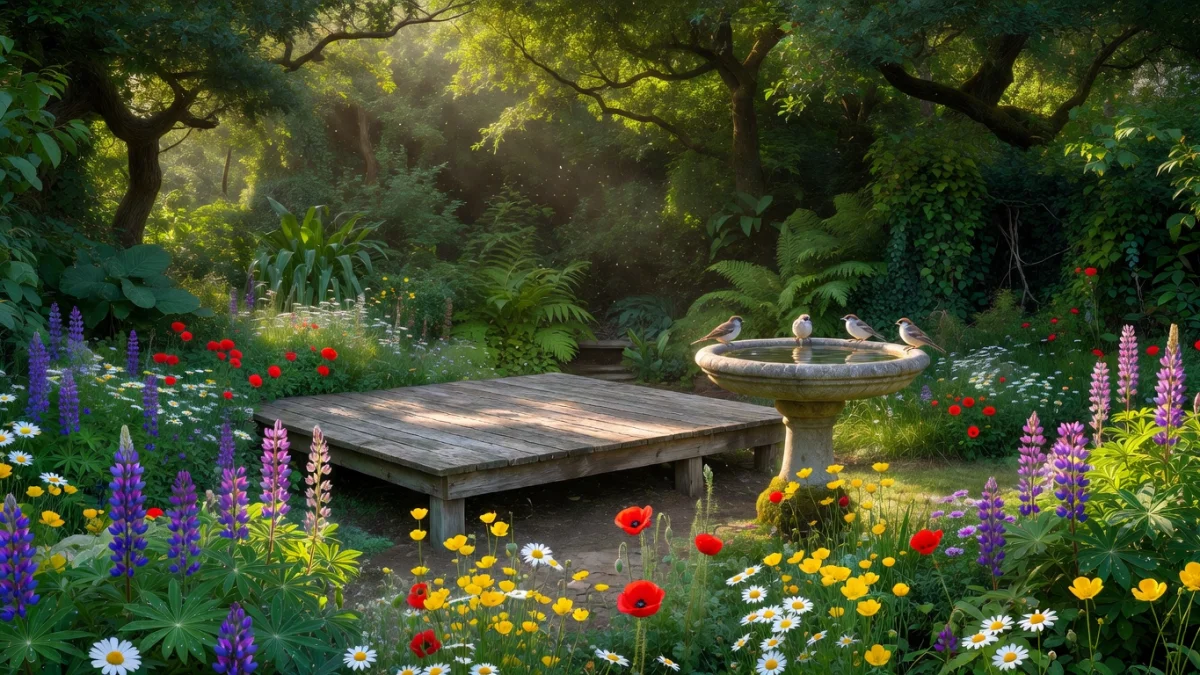 Jardin naturel luxuriant avec bassin, végétation libre et coin de détente en bois