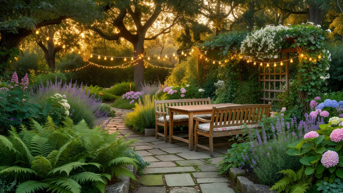 Jardin de maison agréable avec mobilier extérieur, parterres de fleurs et éclairage doux en soirée