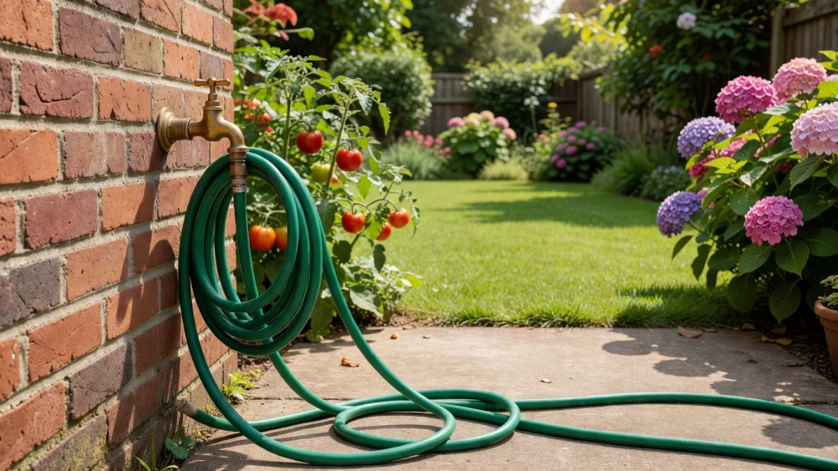 Robinet extérieur installé au jardin avec un tuyau d'arrosage