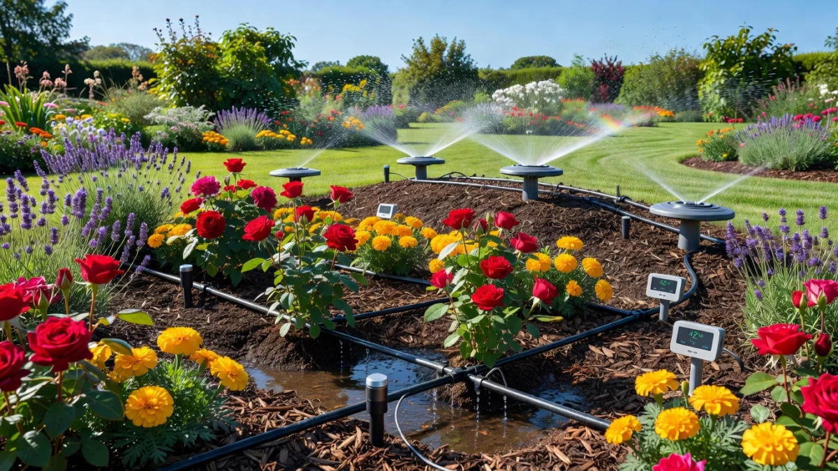 Système d'arrosage automatique goutte-à-goutte dans un jardin potager avec tuyaux et goutteurs au pied des plantes