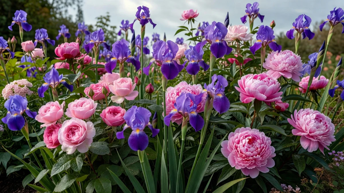 Massif fleuri associant des iris violets et des rosiers roses dans un jardin ensoleillé