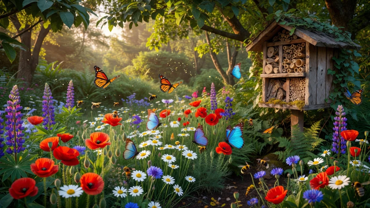 Jardin naturel fleuri avec papillons et abeilles butinant des plantes indigènes