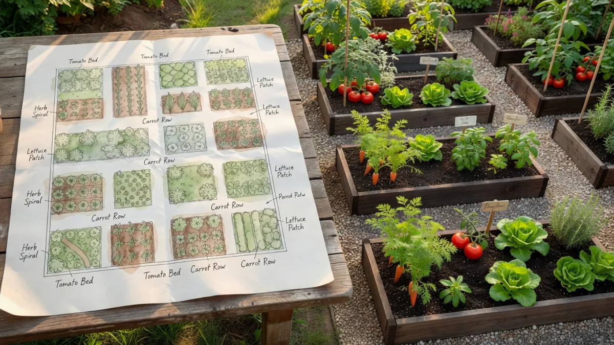 Plan de jardin dessiné à la main avec zones de culture, allées et espaces de détente