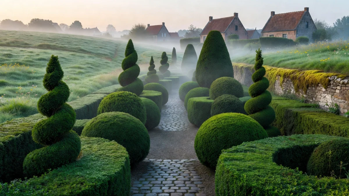 Jardin des Flandres avec haies taillées en topiaire, buis et allées symétriques sous un ciel nuageux typique du Nord
