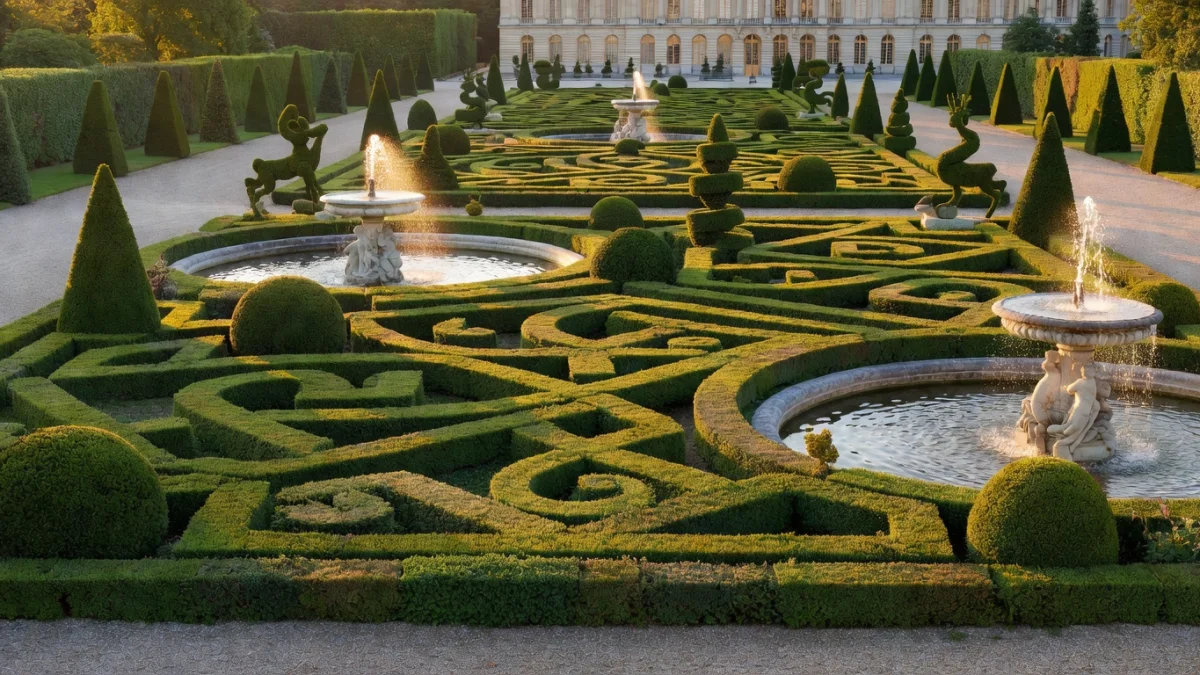 Allée géométrique d'un jardin à la française avec topiaires taillés et parterres fleuris
