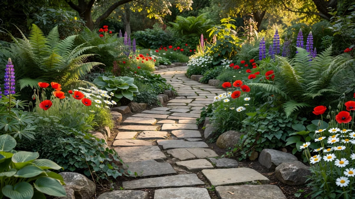 Chemin de jardin en pierres naturelles entouré de végétation verdoyante