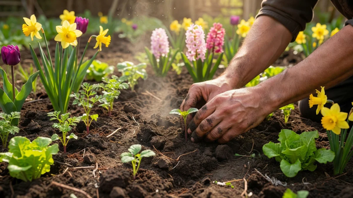 Jardinier en train de semer des légumes dans un potager au printemps en avril