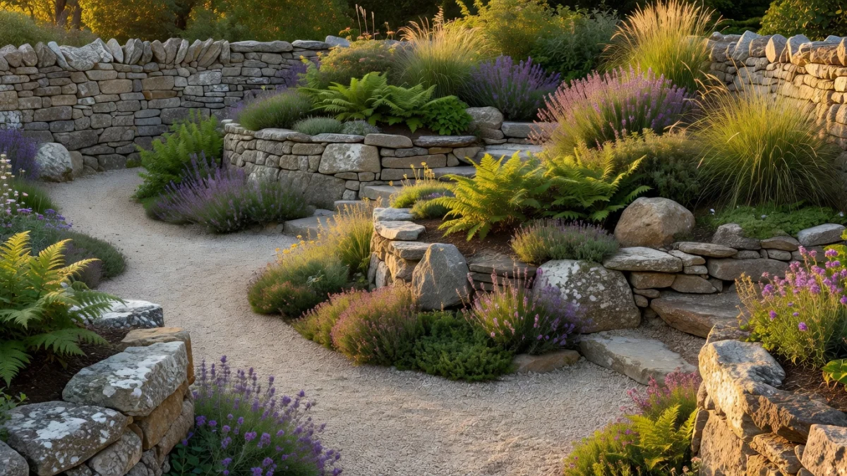 Jardin en pierre naturelle avec muret, allée et rocaille