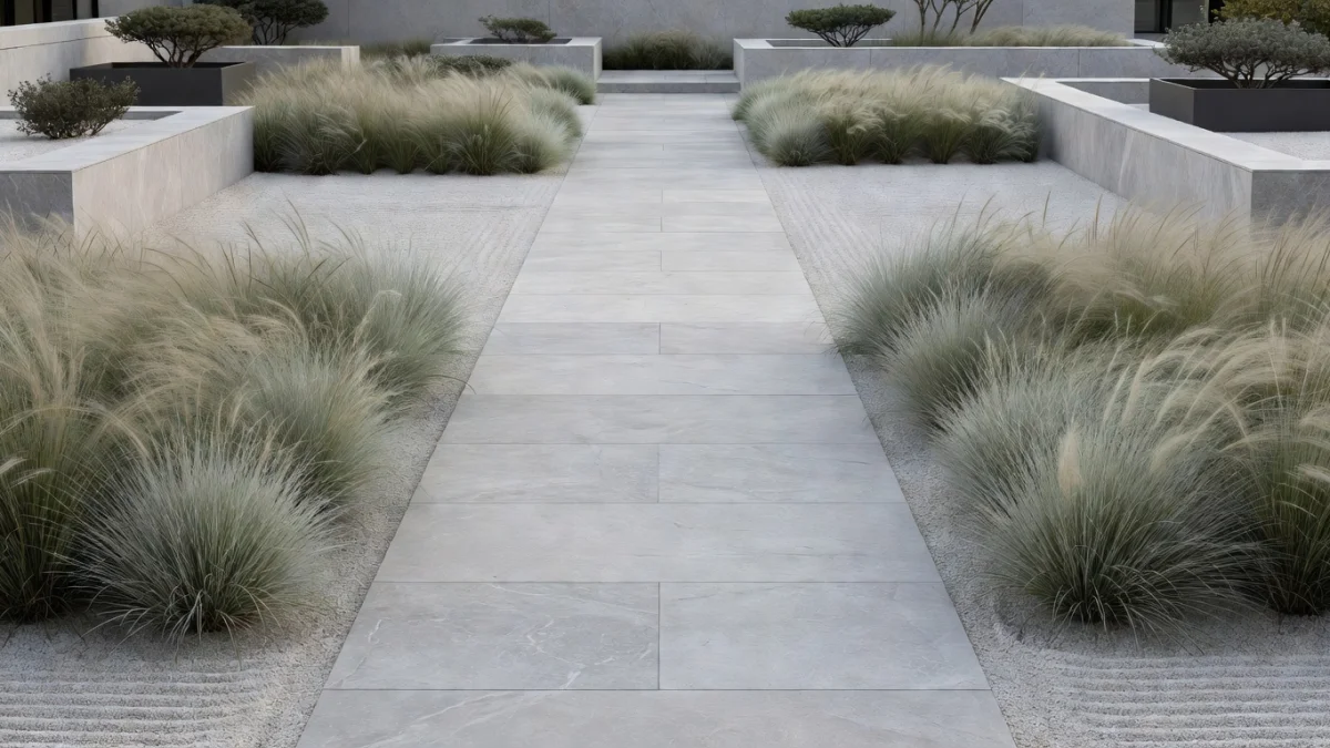 Jardin design simple et élégant avec terrasse en bois, végétation structurée et éclairage extérieur
