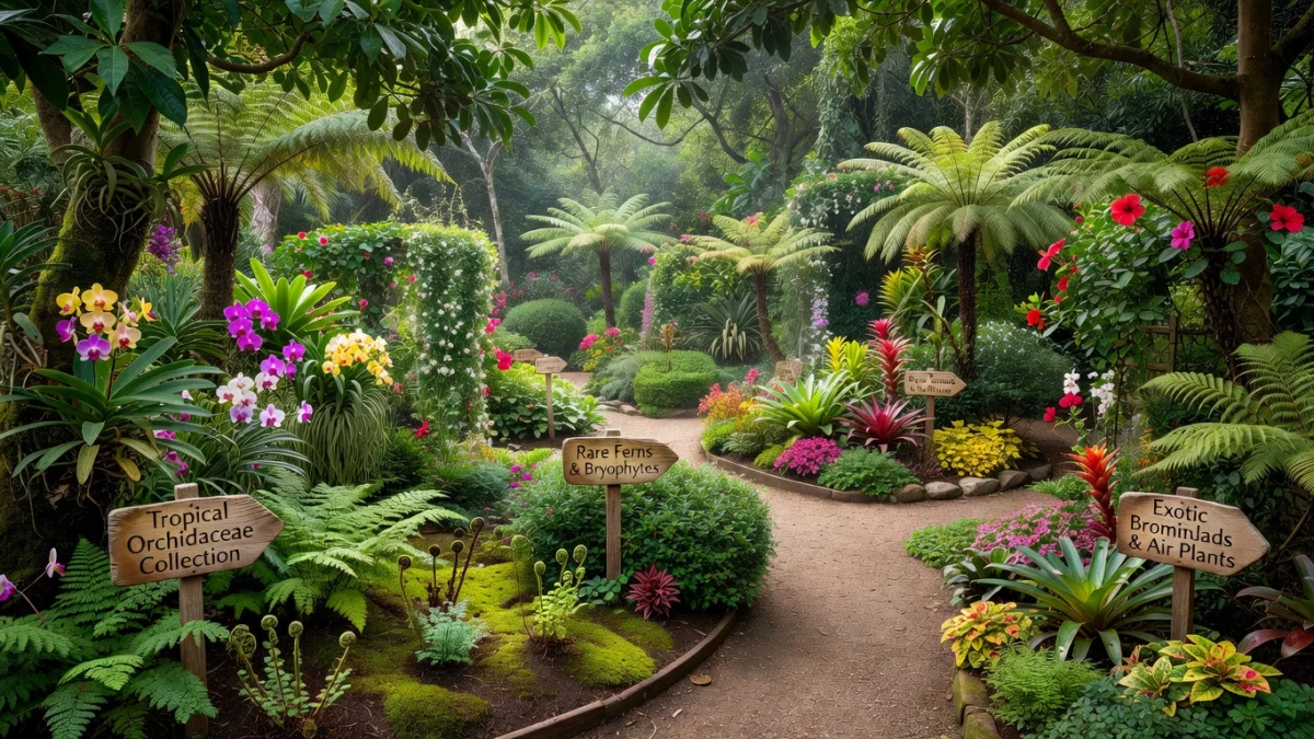 Espace botanique aménagé dans un jardin particulier avec des plantes étiquetées et diversifiées