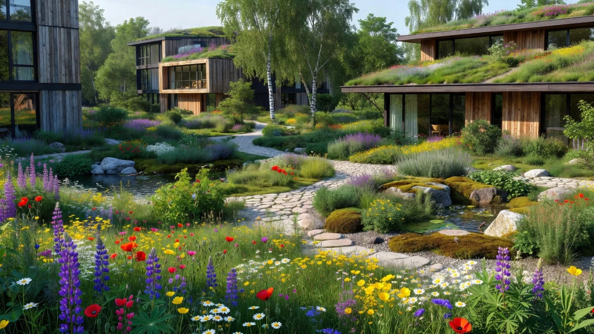 Prairie fleurie et jardin contemporain illustrant la diversité des espaces verts urbains