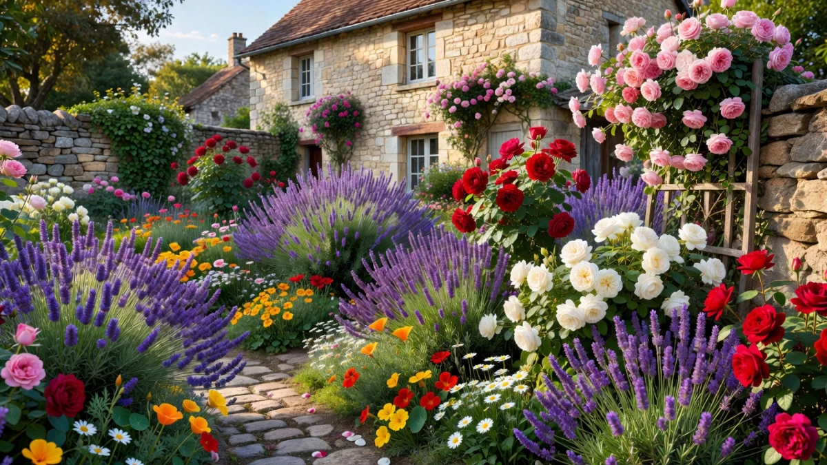 Parterre de fleurs françaises colorées dans un jardin ensoleillé : tulipes, lavande, pivoines et cosmos en pleine floraison
