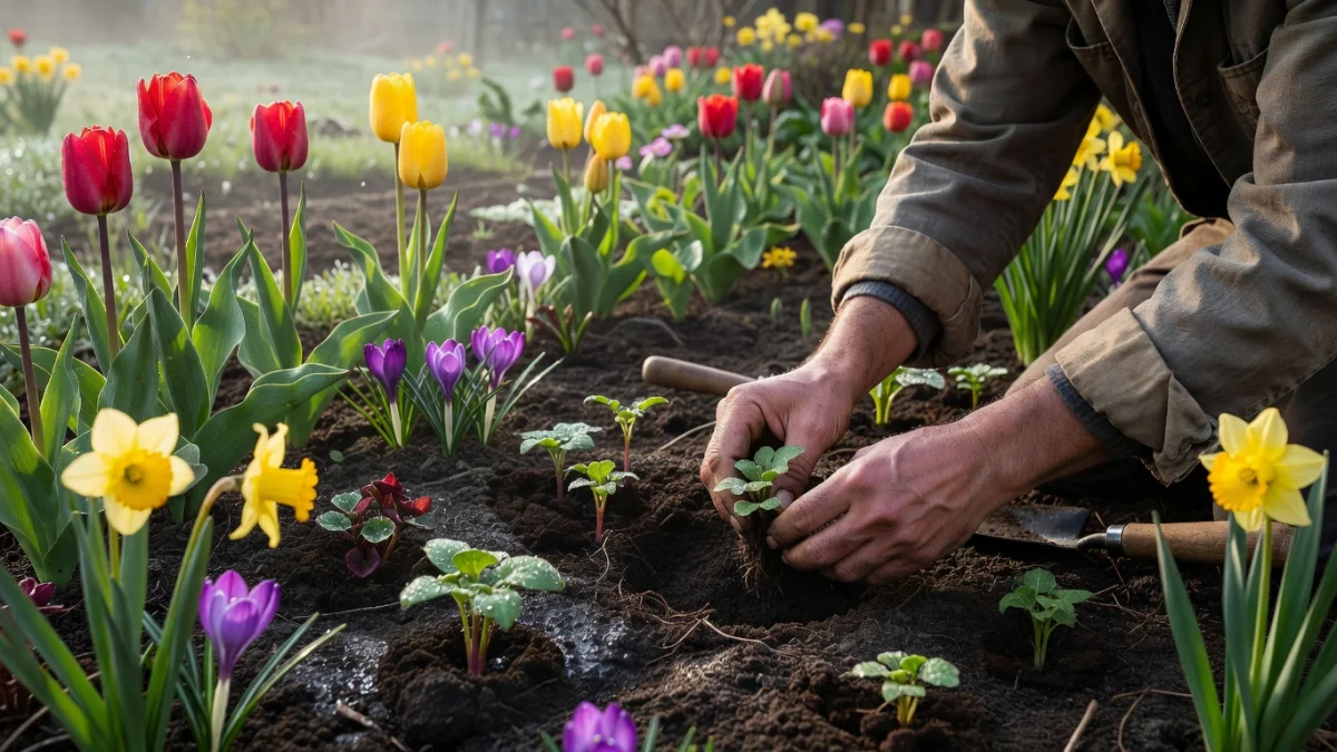 Jardiner en avril : mains dans la terre au potager avec des semis de légumes au printemps