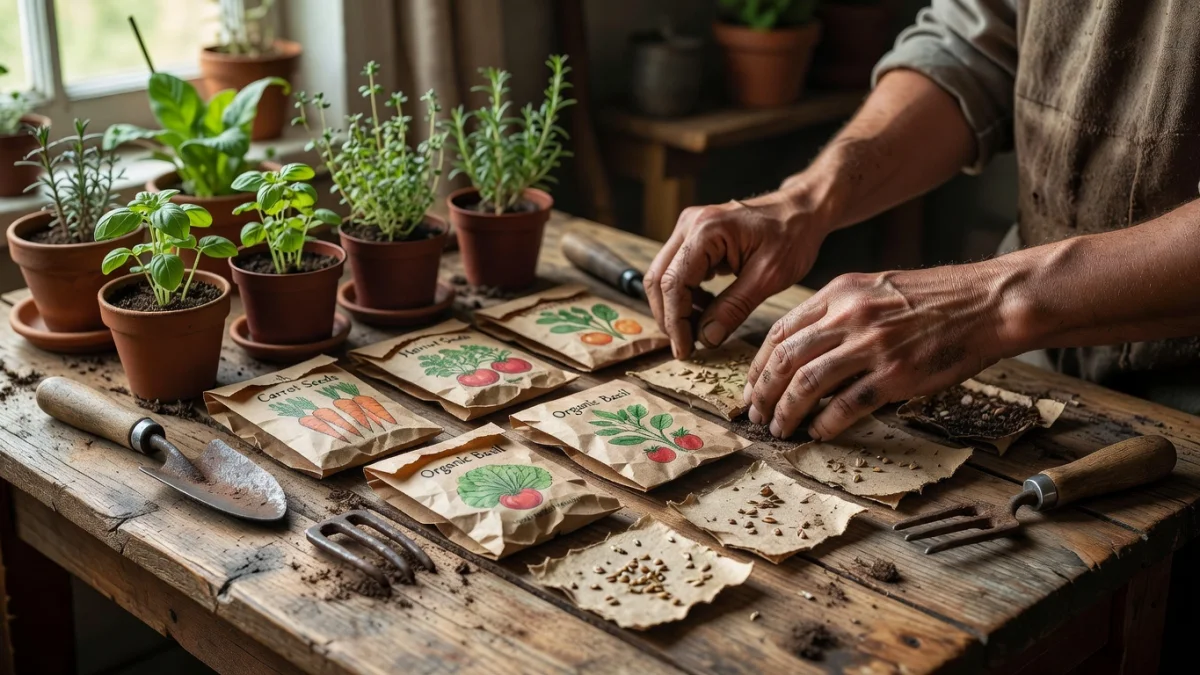 Cartes jardin personnalisées avec graines à planter, entourées de fleurs et de verdure