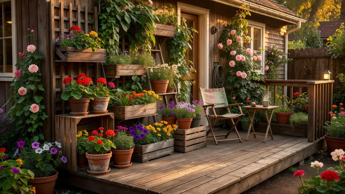 Petit jardin de maison aménagé avec des zones de détente, des plantes grimpantes et des bacs surélevés