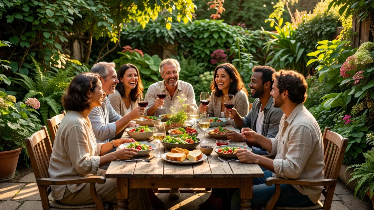Un jardin convivial aménagé avec une table en bois, des guirlandes lumineuses et des plantes fleuries
