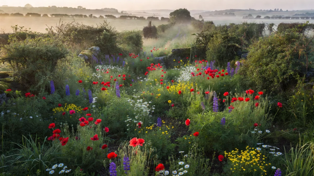 Jardin champêtre en fleurs dans la Pévèle, entre haies bocagères et massifs colorés