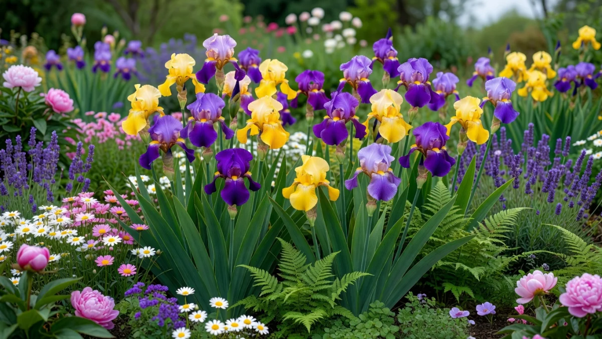 Massif de jardin fleuri avec des iris bleus, violets et jaunes au printemps