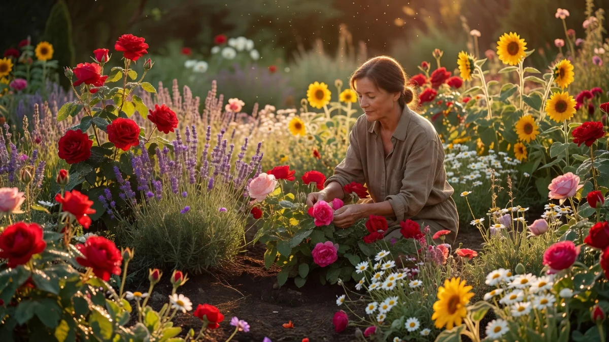 Un jardin luxuriant et coloré reflétant la diversité des émotions humaines, avec des fleurs variées et un chemin sinueux
