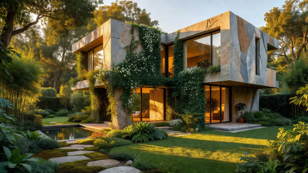 Maison contemporaine intégrée dans un jardin verdoyant et harmonieux avec des matériaux naturels