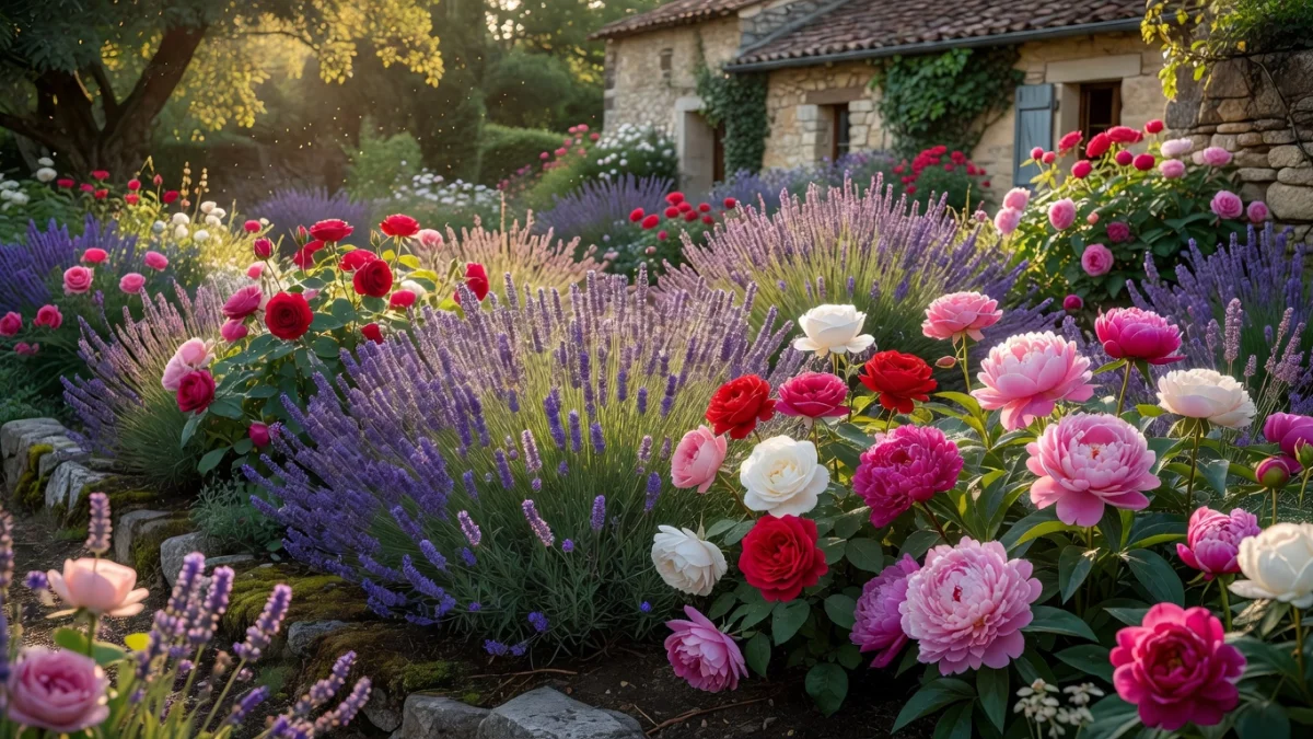 Massif fleuri coloré avec des fleurs françaises vivaces dans un jardin ensoleillé