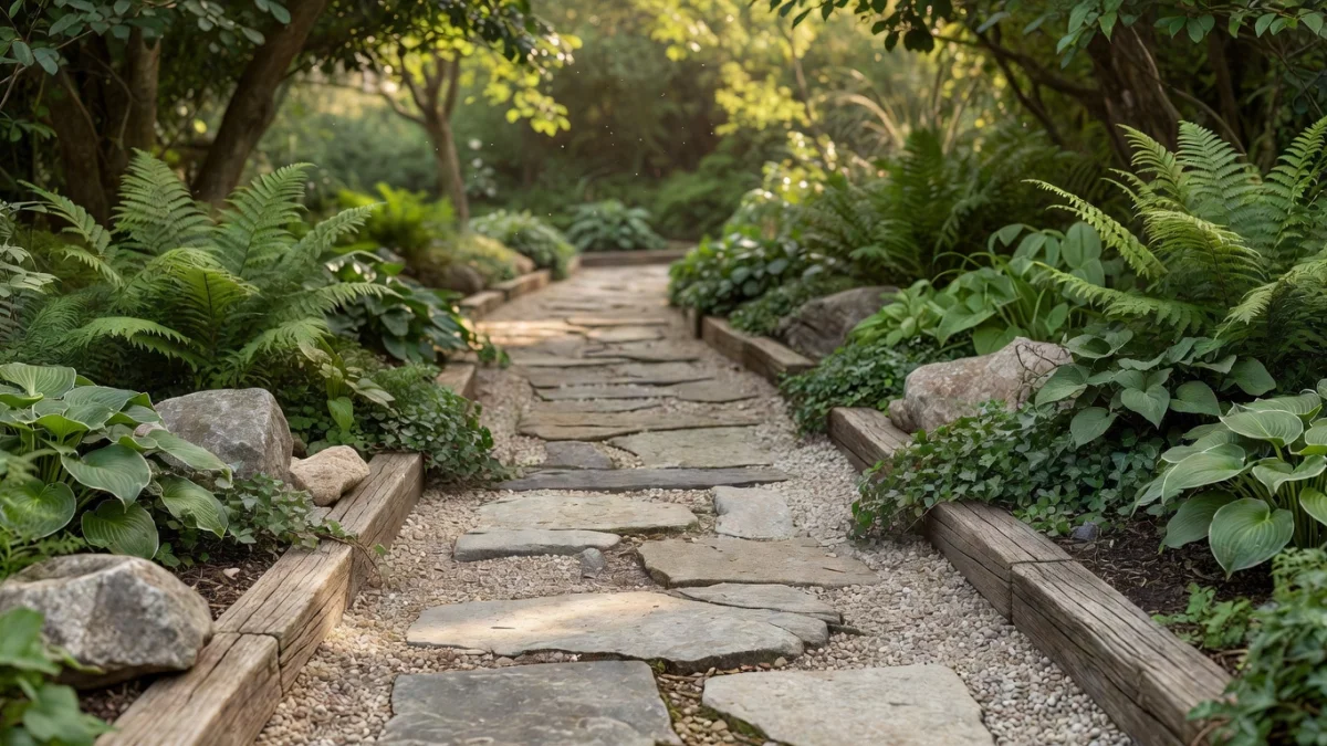 Chemin de jardin en pierre naturelle entouré de végétation verdoyante
