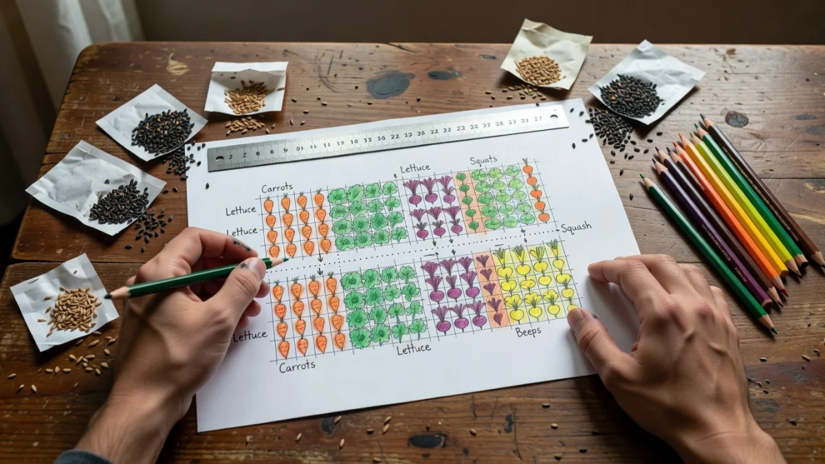 Plan dessiné d'un jardin potager avec des zones délimitées et des légumes organisés par secteurs