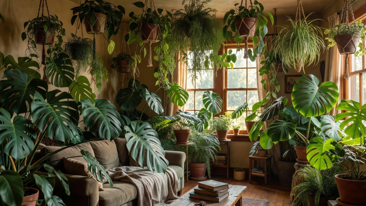 Un intérieur lumineux décoré de nombreuses plantes vertes en pot, créant une atmosphère naturelle et apaisante