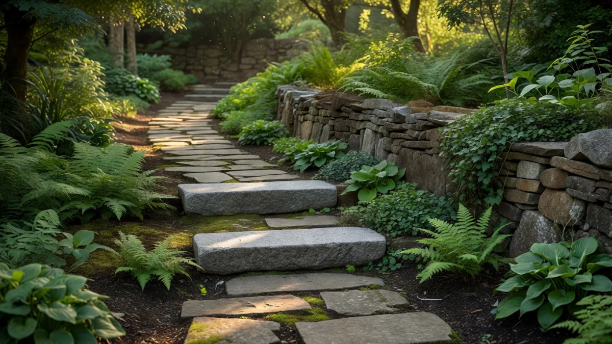 Allée en pierre naturelle traversant un jardin bien structuré avec murets et plantations