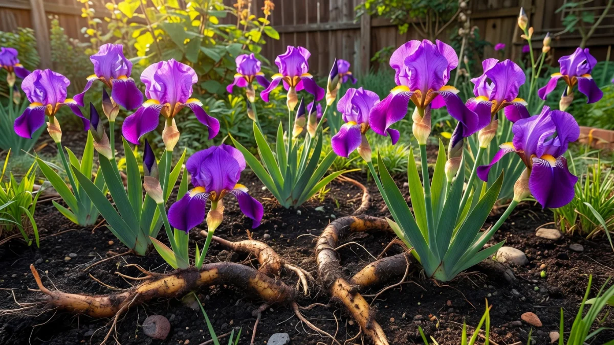 Massif d'iris de jardin en fleurs aux coloris variés, violet, bleu et jaune, en plein soleil
