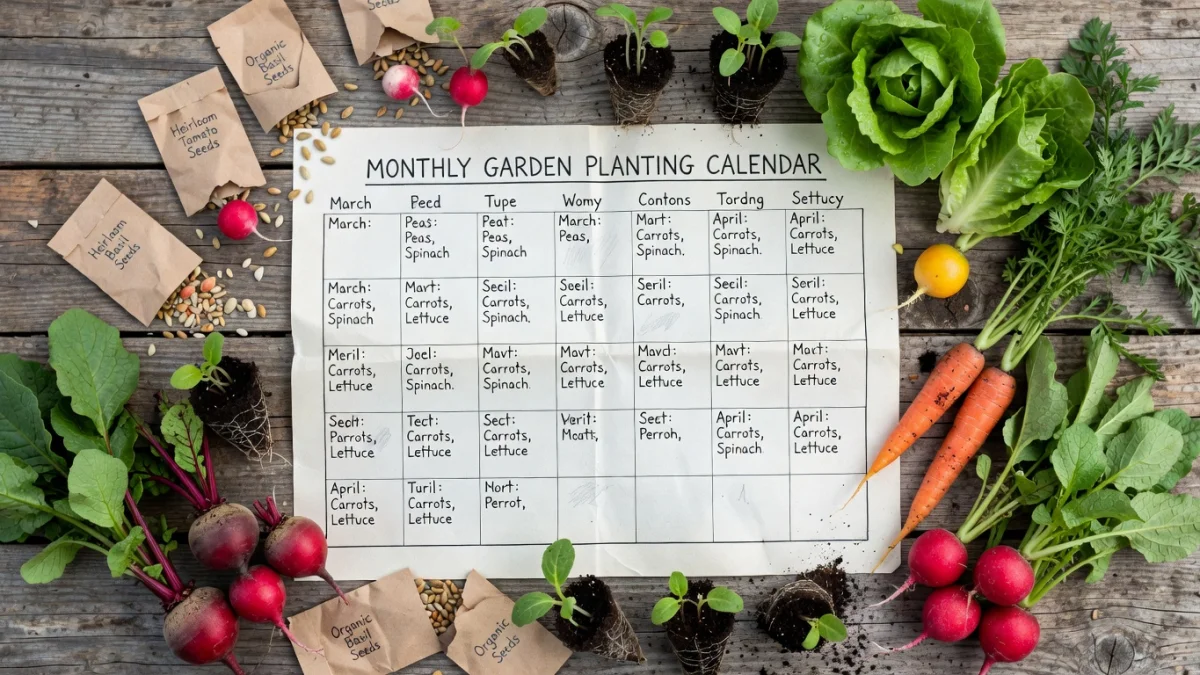 Calendrier des plantations mensuelles au potager avec légumes, fleurs et arbustes selon les saisons