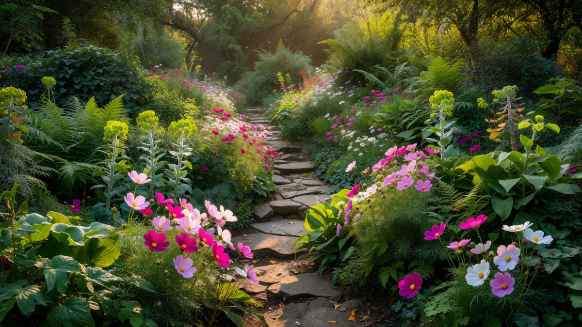 Un jardin naturel et sauvage avec des vivaces, des graminées et des arbustes botaniques en fleurs