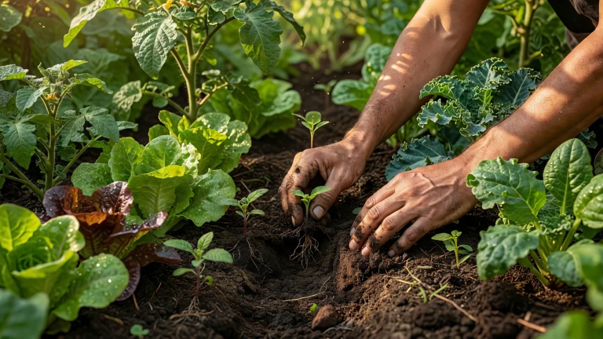 Jardinière avec des plants de légumes dans un potager ensoleillé, symbolisant l'inspiration jardinage