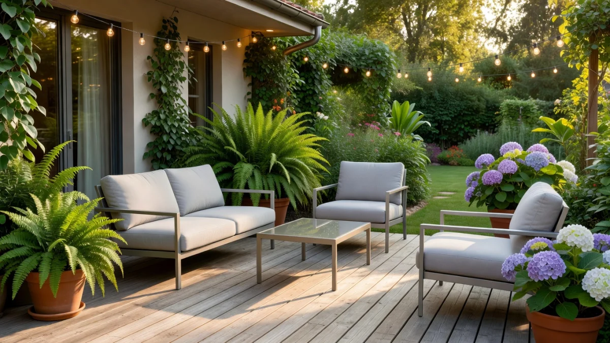 Terrasse aménagée entre une maison et un jardin avec mobilier en bois, plantes et éclairage d'ambiance