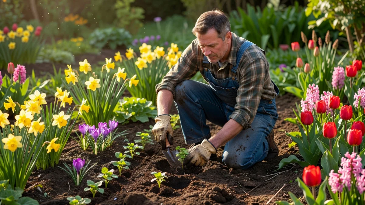 Jardinier réalisant des semis et plantations au potager en avril au printemps