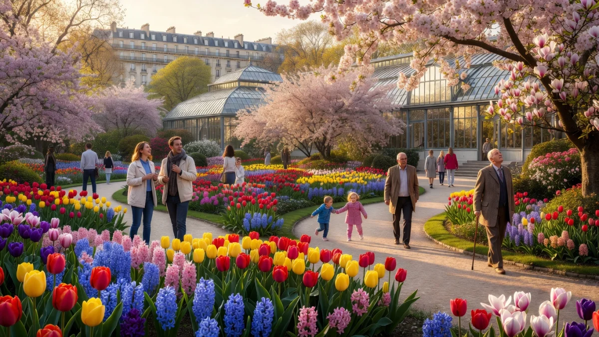 Allée fleurie du Jardin des Plantes au printemps avec des visiteurs se promenant entre les massifs colorés
